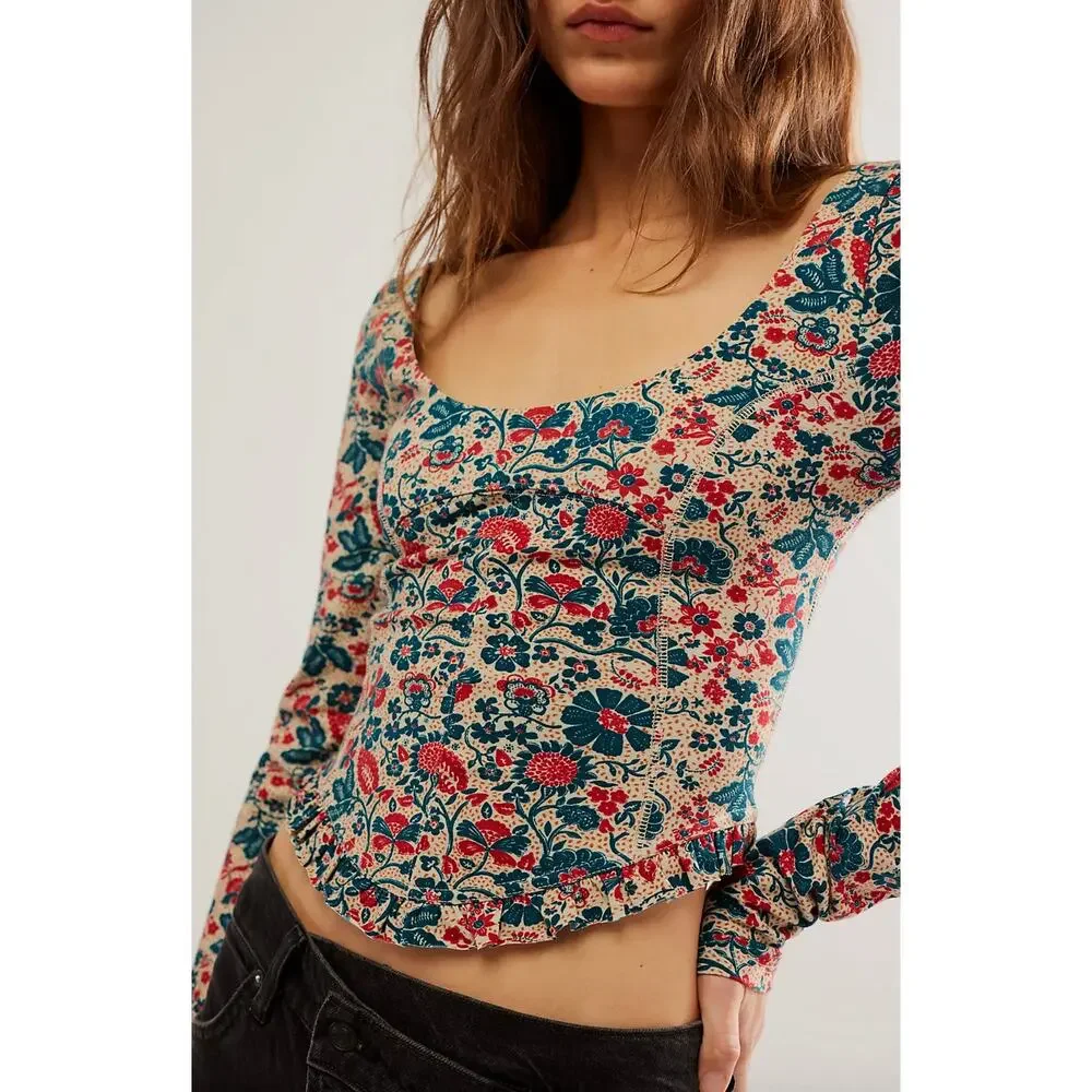 Free People Melanie Long Sleeve Top Floral Cotton Cottagecore Romantic Small NWT